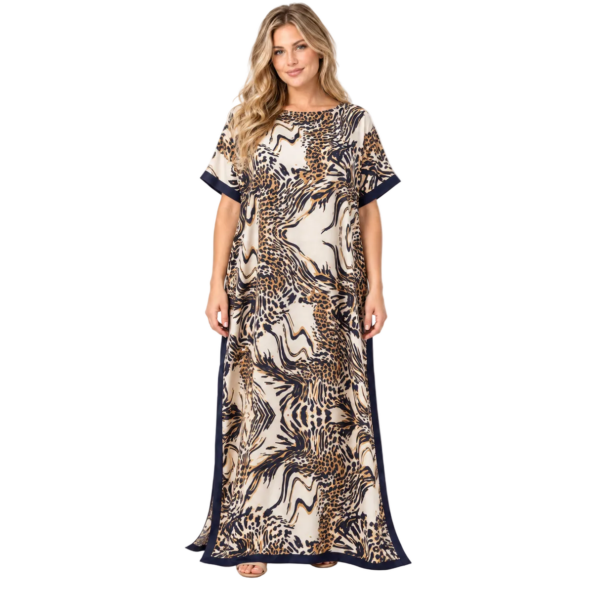 Dark Grey Leopard Print Silk Satin Kaftan-1