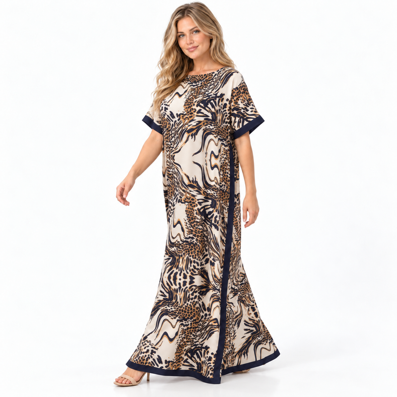 Dark Grey Leopard Print Silk Satin Kaftan-3