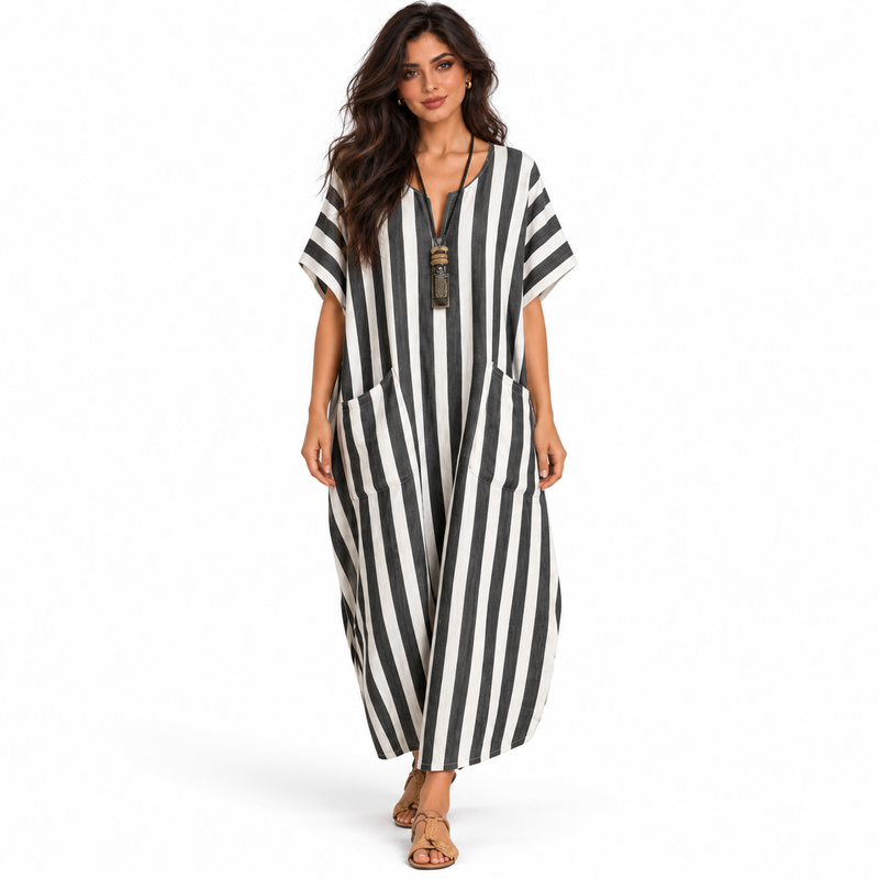 Elegant Black White Striped Linen Kaftan-1