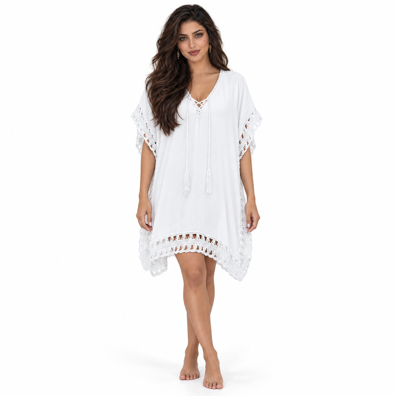 White Crochet Trim Relaxed Beach Kaftan-1