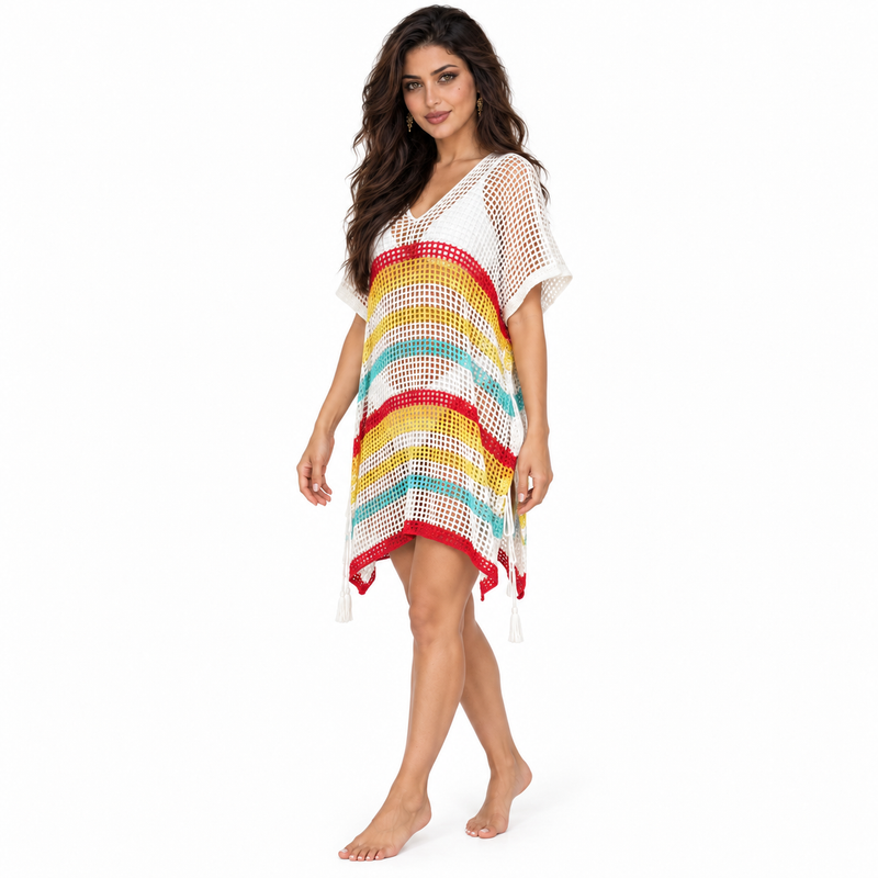 White Multicolor Crochet Stripe Beach Kaftan-3
