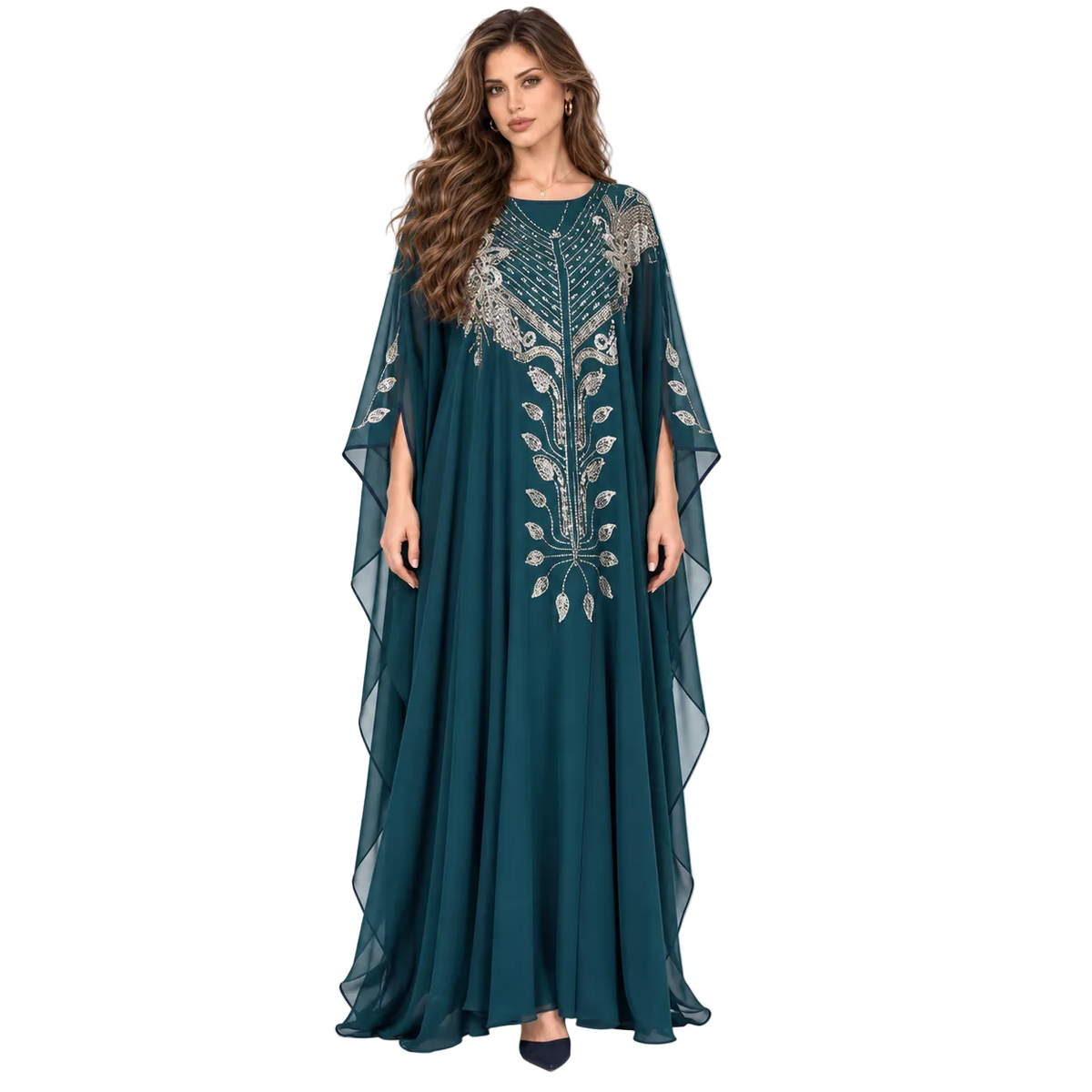Teal Silver Embellished Flowing Elegant Kaftan