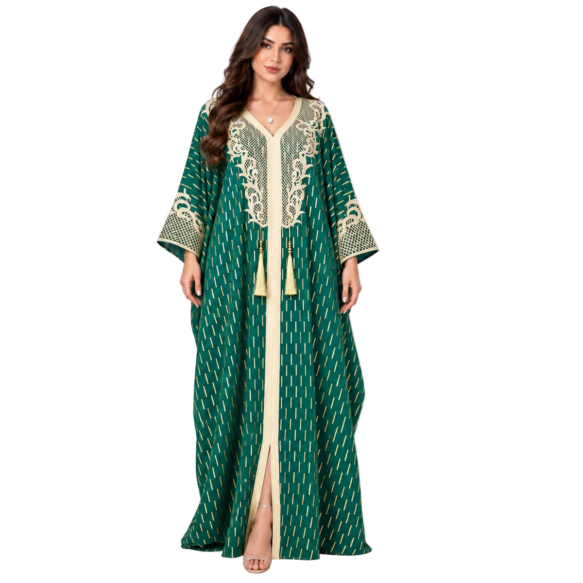 Emerald Green Gold Embroidered Moroccan Kaftan-1