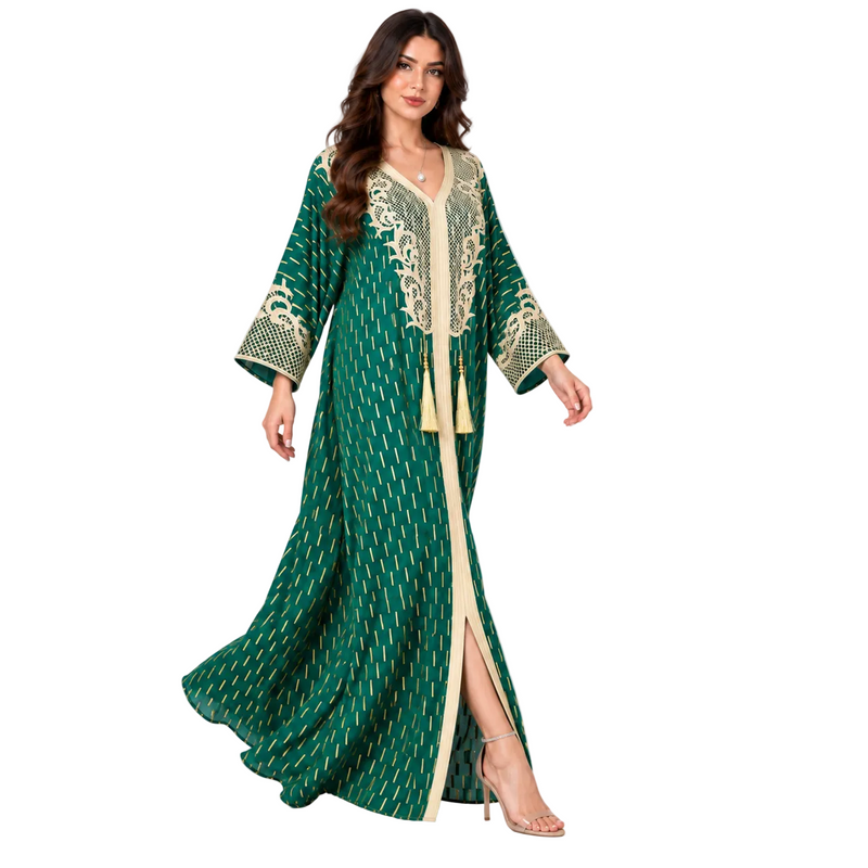 Emerald Green Gold Embroidered Moroccan Kaftan-3