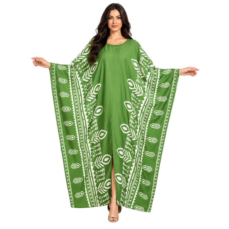 Green Geometric Printed Luxury Batwing Kaftan-1