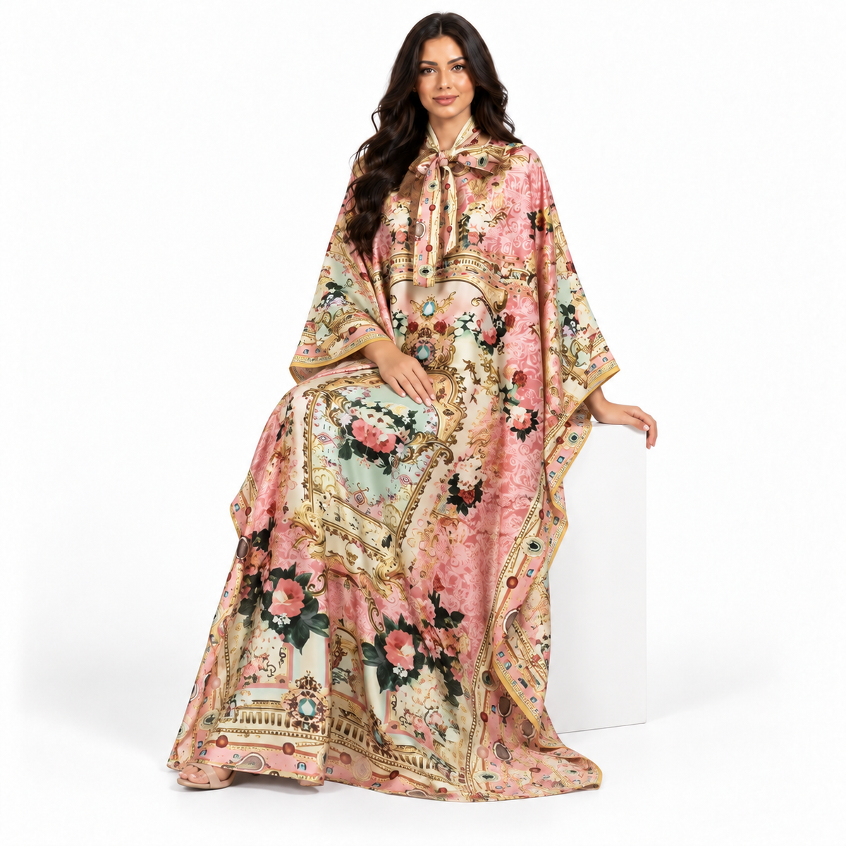 Elegant Pink Floral Printed Satin Kaftan-3
