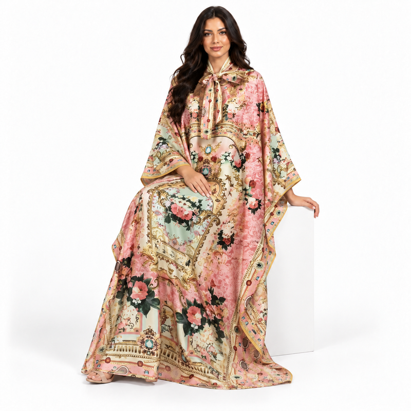 Elegant Pink Floral Printed Satin Kaftan-3