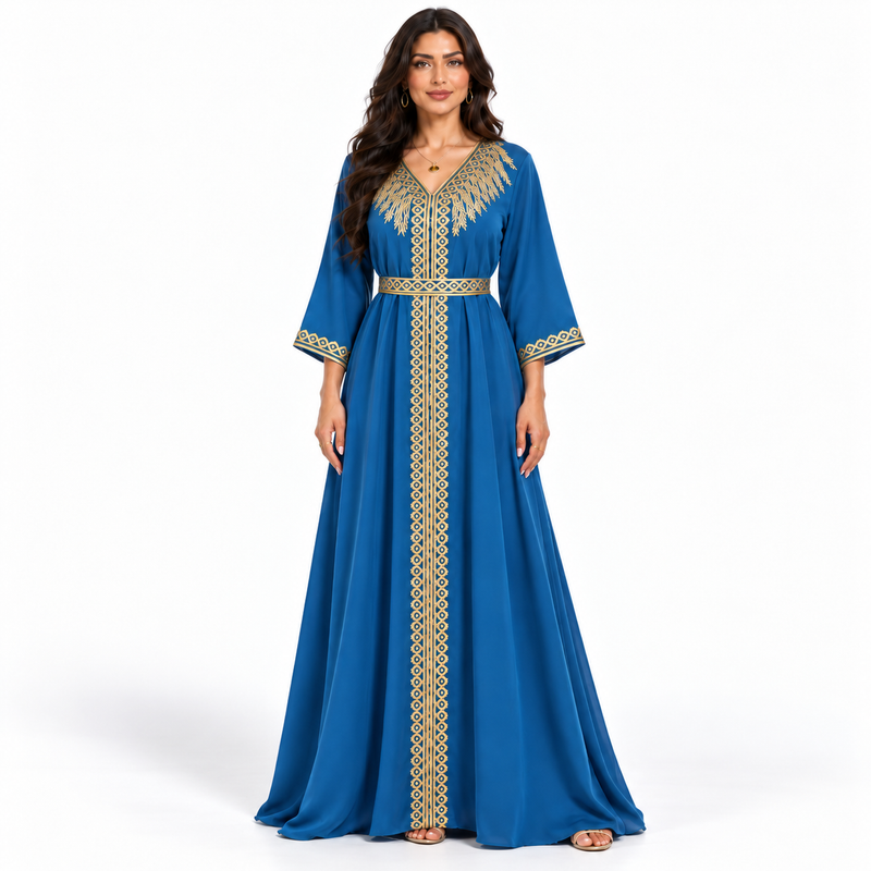 Royal Blue Gold Embroidered Luxury Kaftan-1