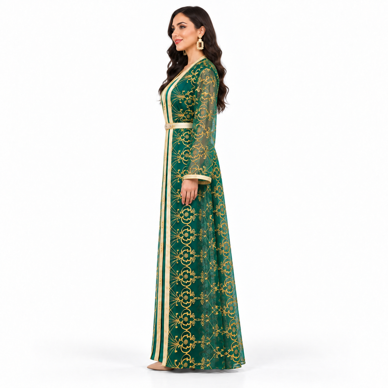 Emerald Gold Embroidered Luxury Women’s Kaftan-2