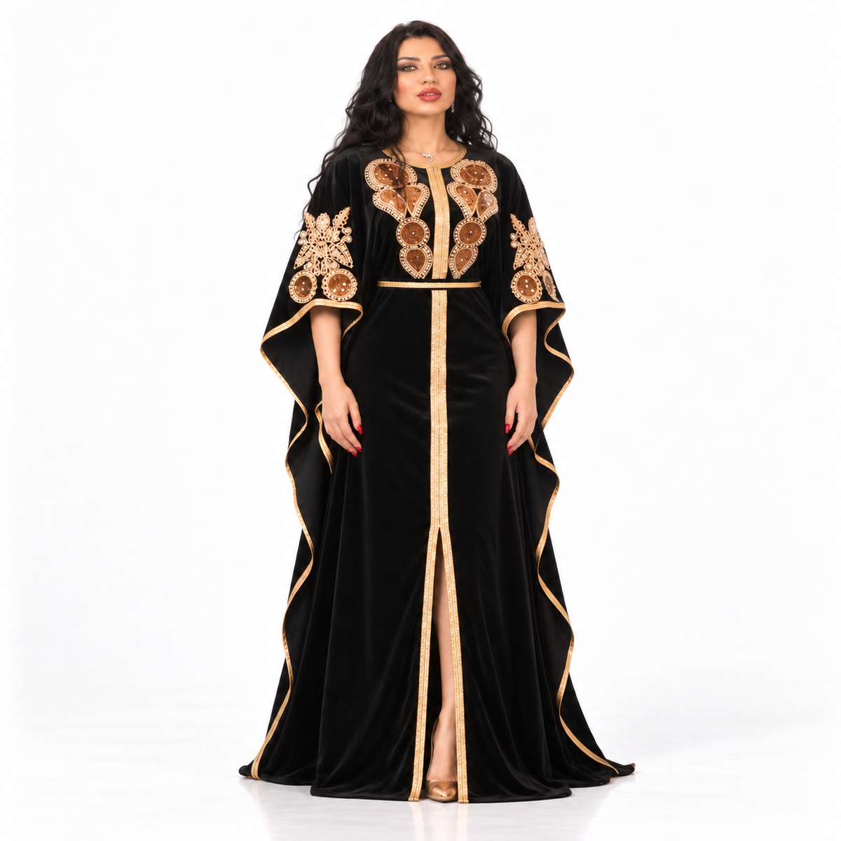Black Gold Embroidered Luxury Velvet Kaftan-1