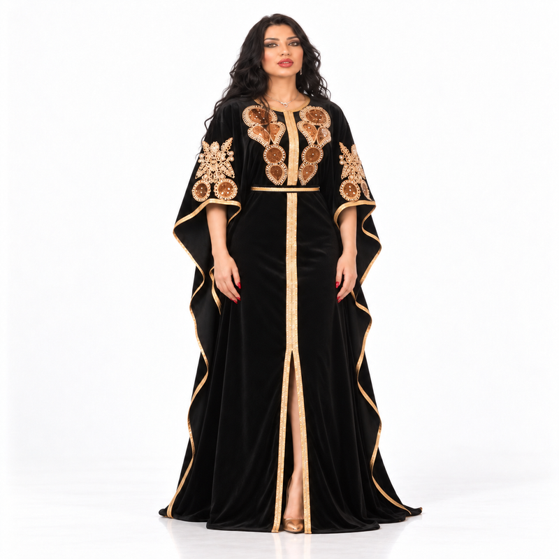 Black Gold Embroidered Luxury Velvet Kaftan-1