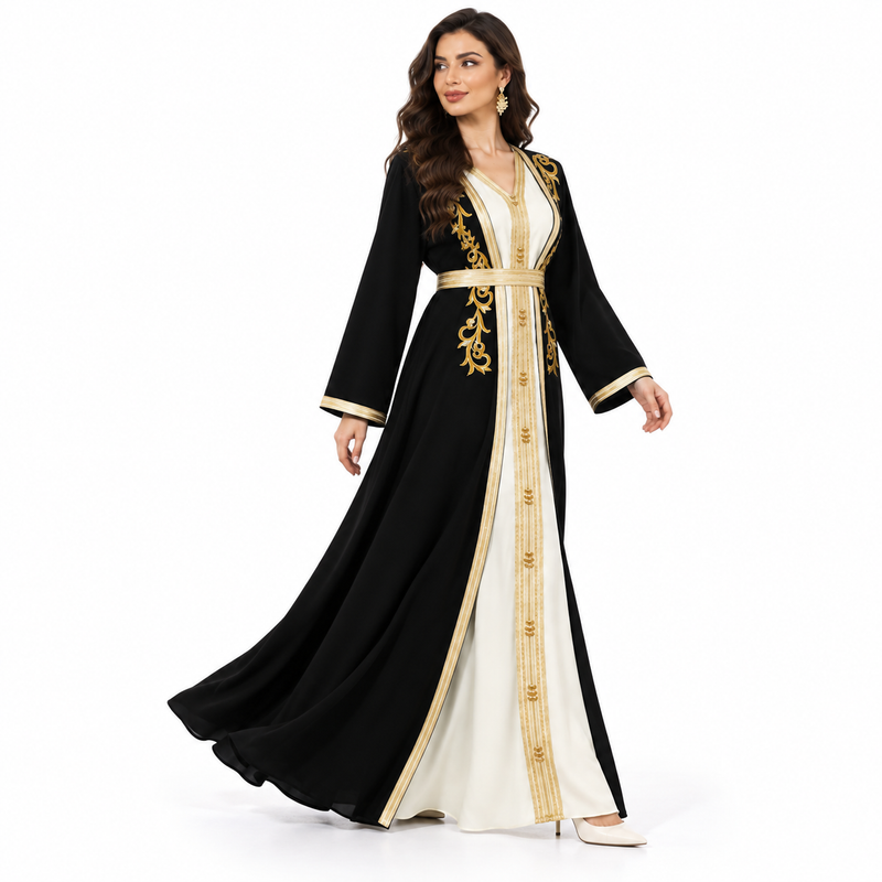 Black Gold Embroidered Luxury Moroccan Kaftan-3