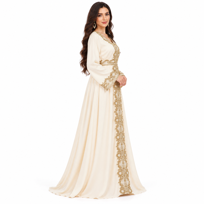 Apricot Gold Embroidered Satin Luxury Kaftan-3