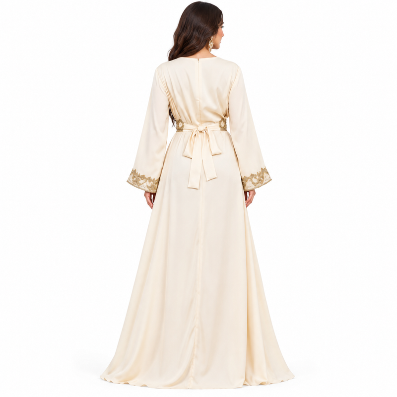 Apricot Gold Embroidered Satin Luxury Kaftan-4