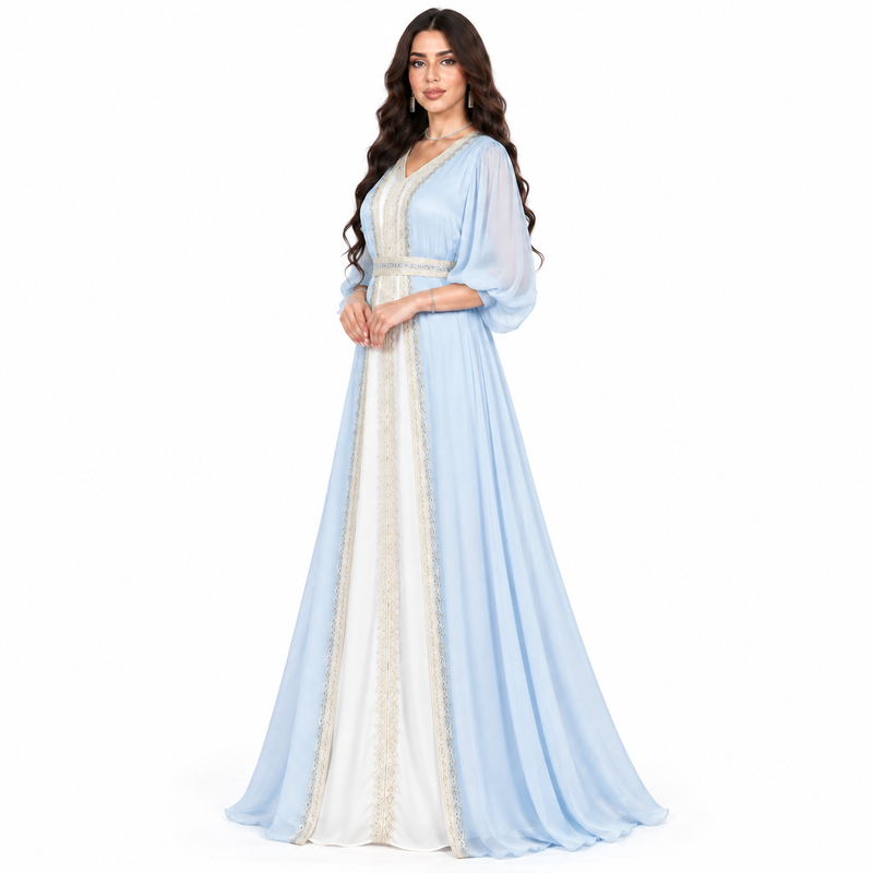 Sky Blue Embroidered Elegant Chiffon Kaftan-2