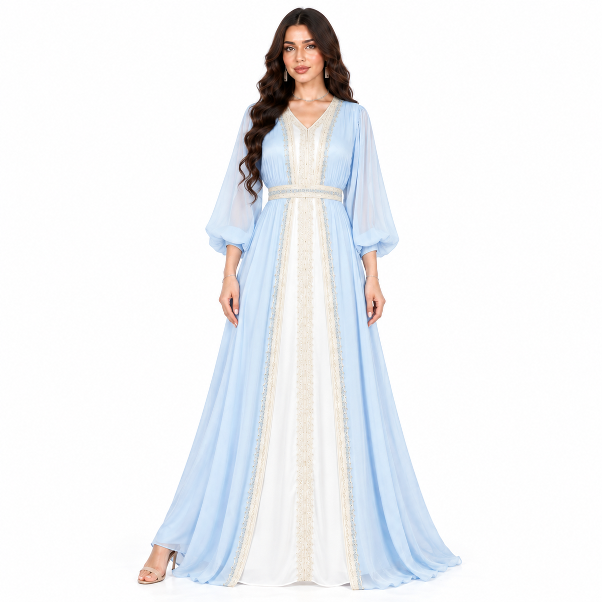 Sky Blue Embroidered Elegant Chiffon Kaftan-1
