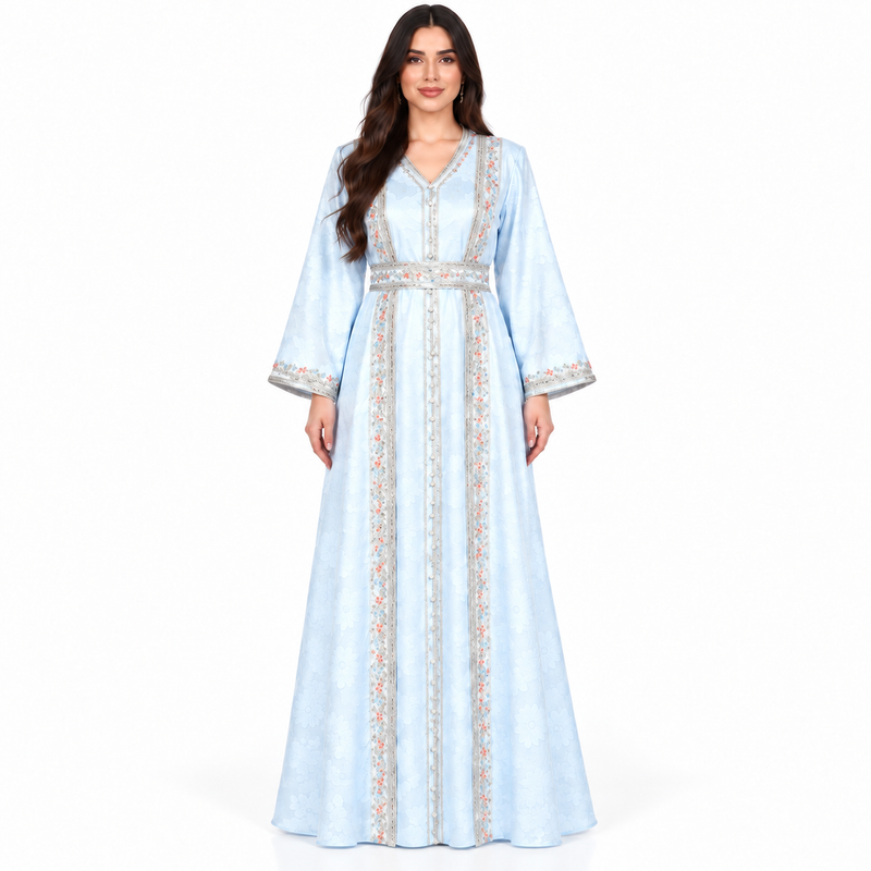Sky Blue Embroidered Luxury Moroccan Kaftan-1