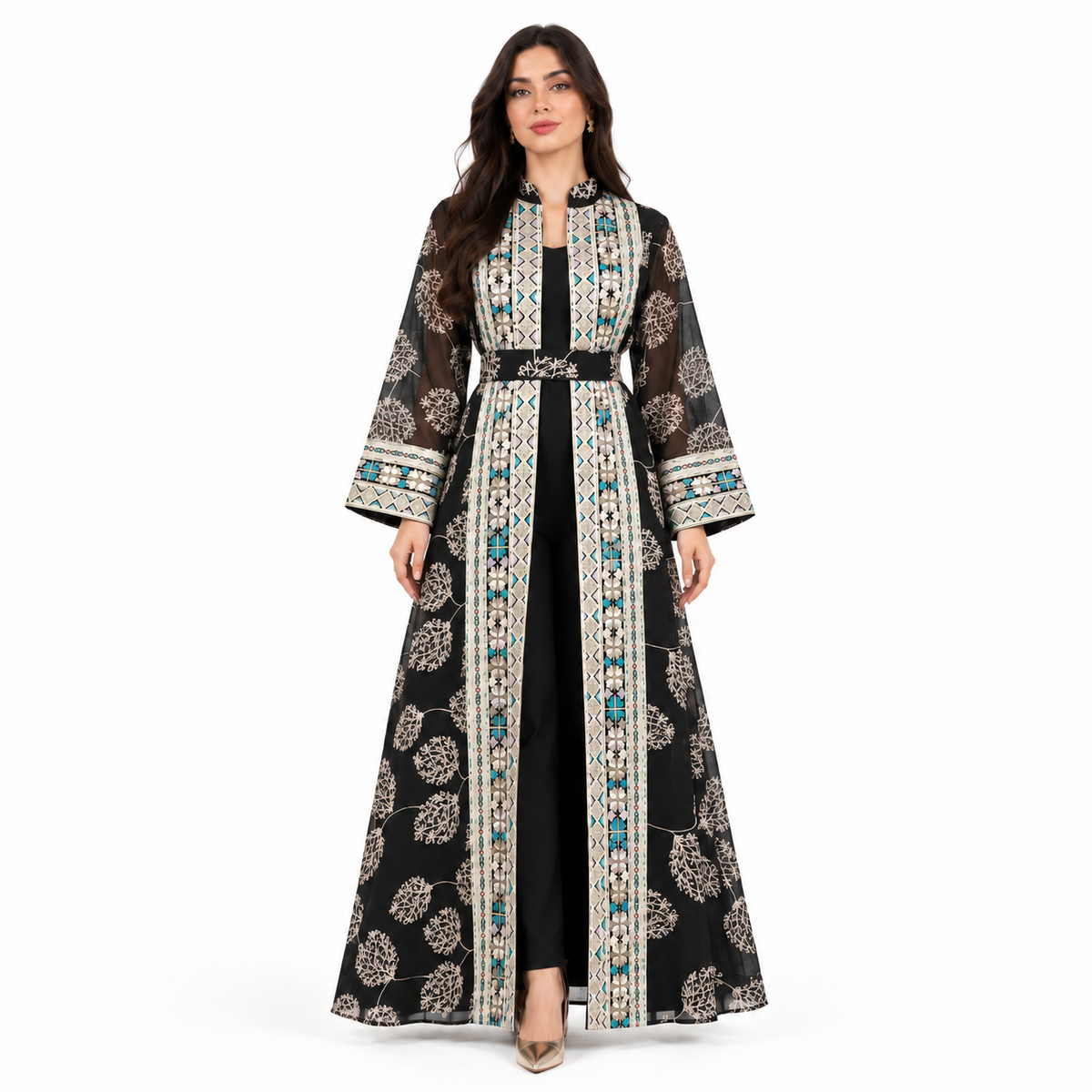 Black Embroidered Open Front Luxury Kaftan-1
