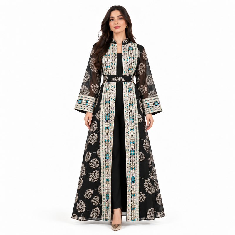 Black Embroidered Open Front Luxury Kaftan-1