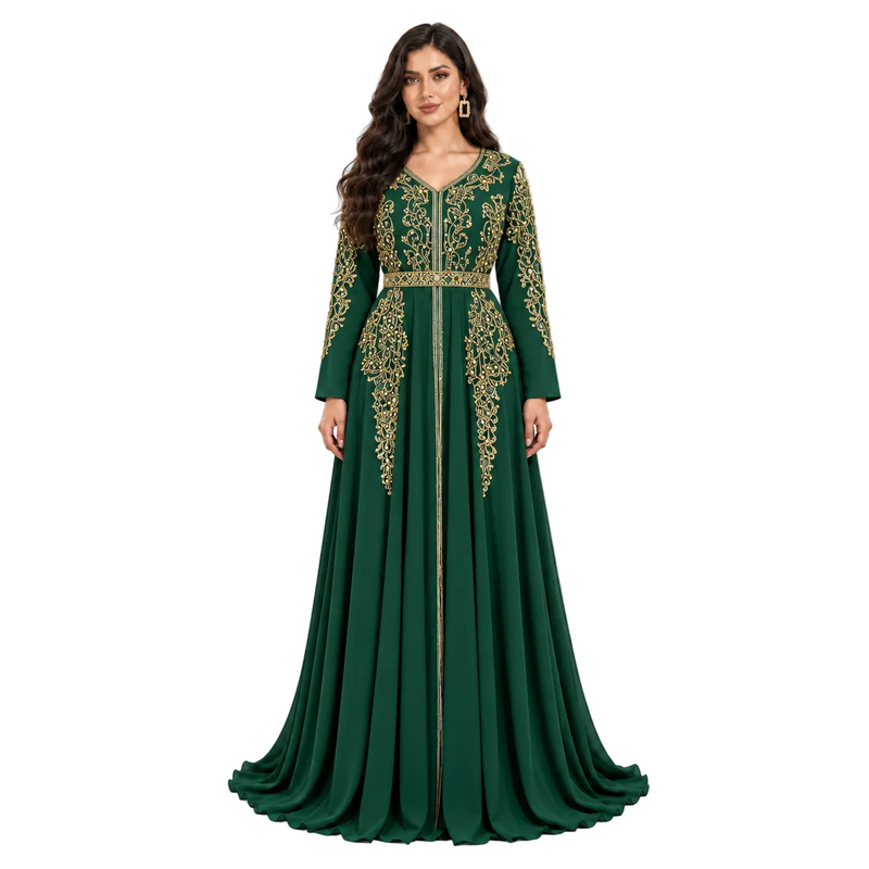 Dark Green Gold Embroidered Luxury Kaftan-1