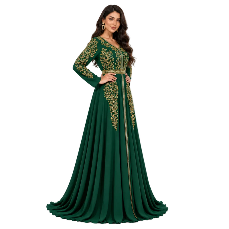 Dark Green Gold Embroidered Luxury Kaftan-3