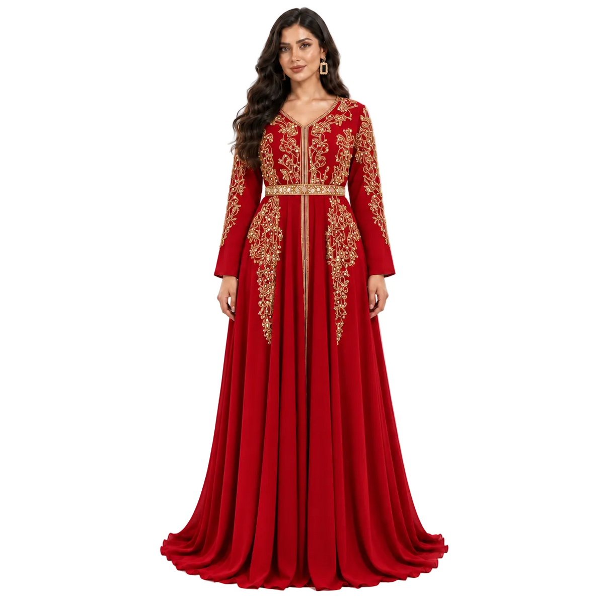 Red Gold Embroidered Bow Back Kaftan-1