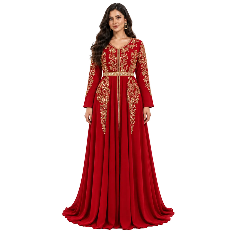 Red Gold Embroidered Bow Back Kaftan-1