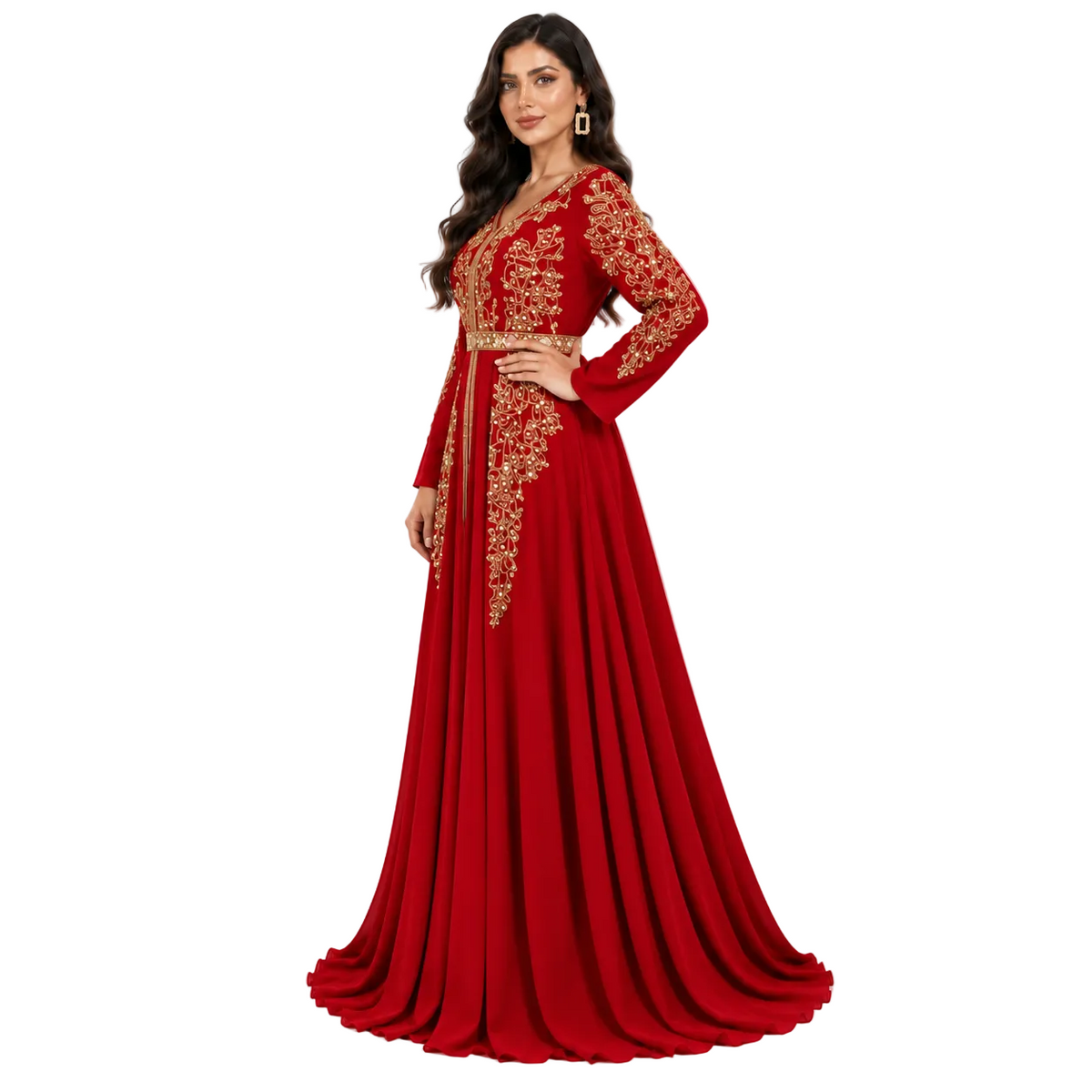 Red Gold Embroidered Bow Back Kaftan-3