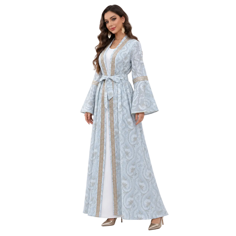 Light Blue Embroidered Luxury Kaftan Dress-3