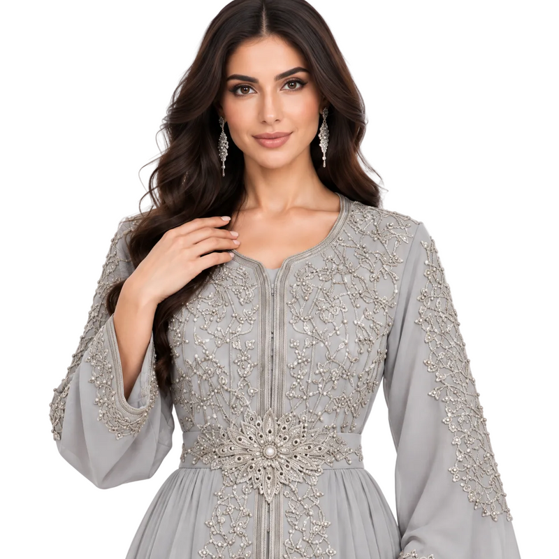 Grey Embroidered Luxury Moroccan Women’s Kaftan-4
