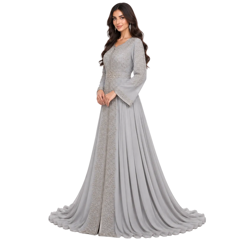 Grey Embroidered Luxury Moroccan Women’s Kaftan-3