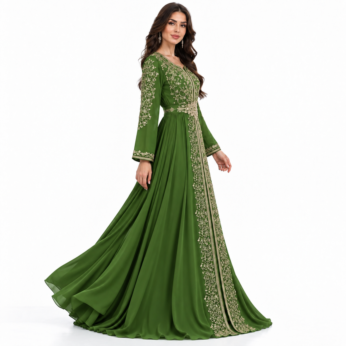 Green Embroidered Luxury Moroccan Kaftan Dress-3