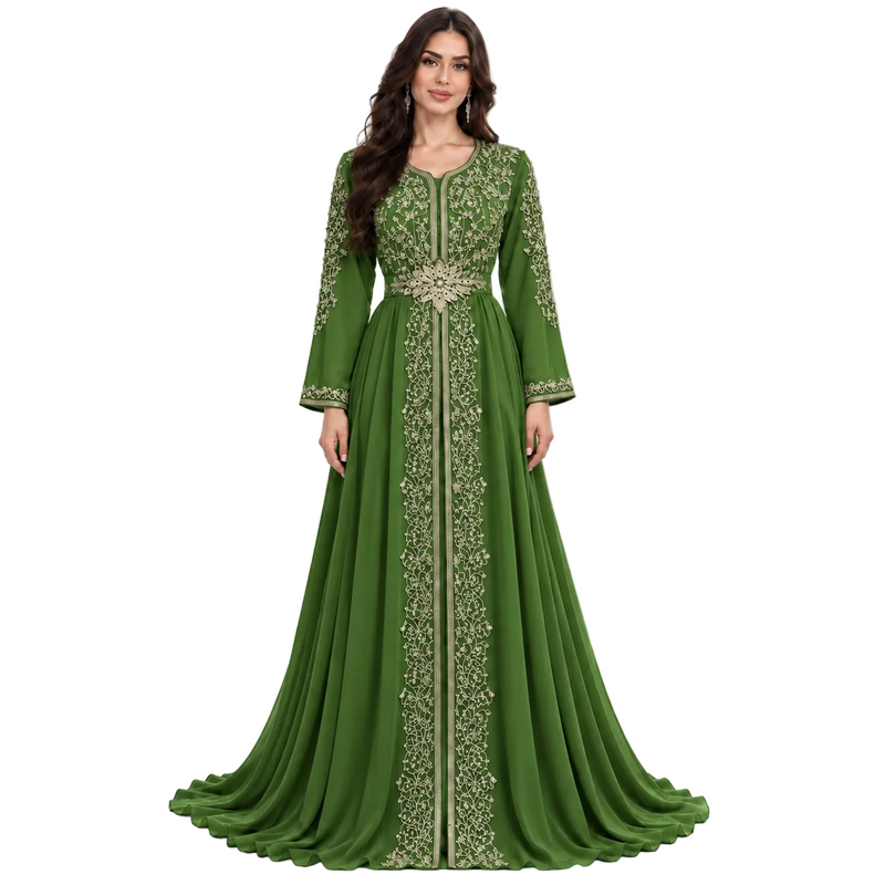 Green Embroidered Luxury Moroccan Kaftan Dress-1