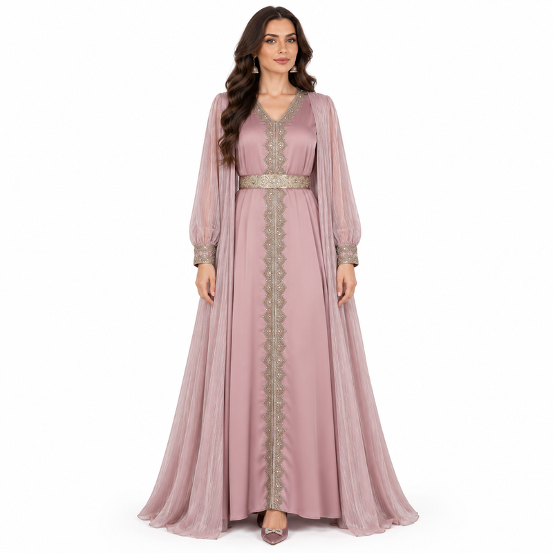Pink Embellished Layered Elegant Luxury Kaftan-1