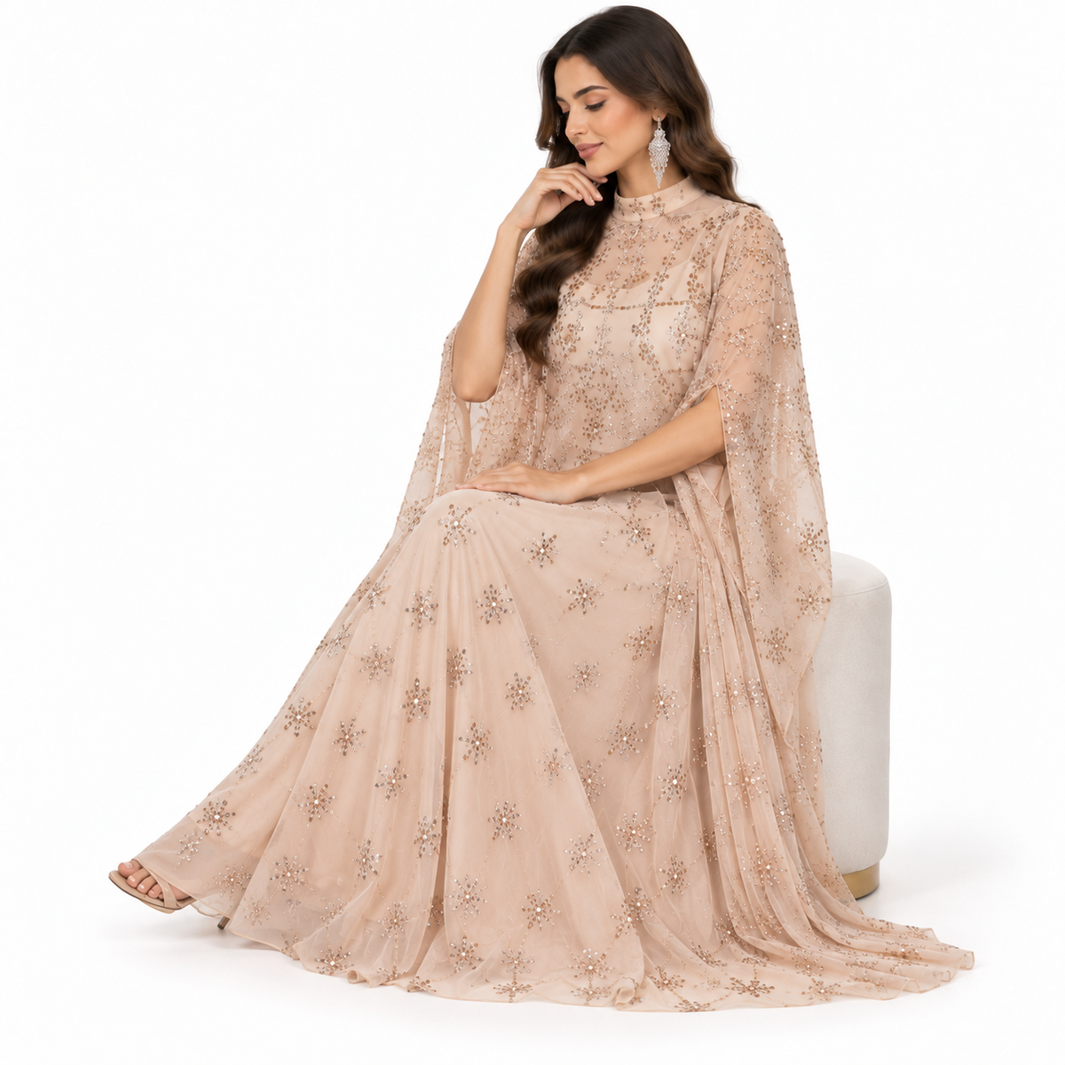 Beige Embellished Elegant Flowing Luxury Kaftan-2
