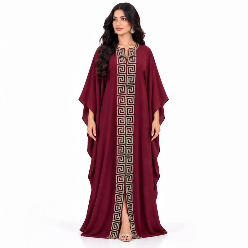 Burgundy Greek Embroidered Flowing Luxury Kaftan-1