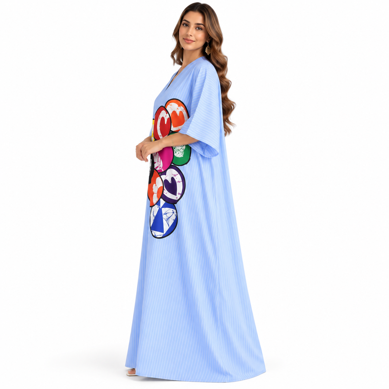 Blue Striped Colorful Graphic Maxi Kaftan-2