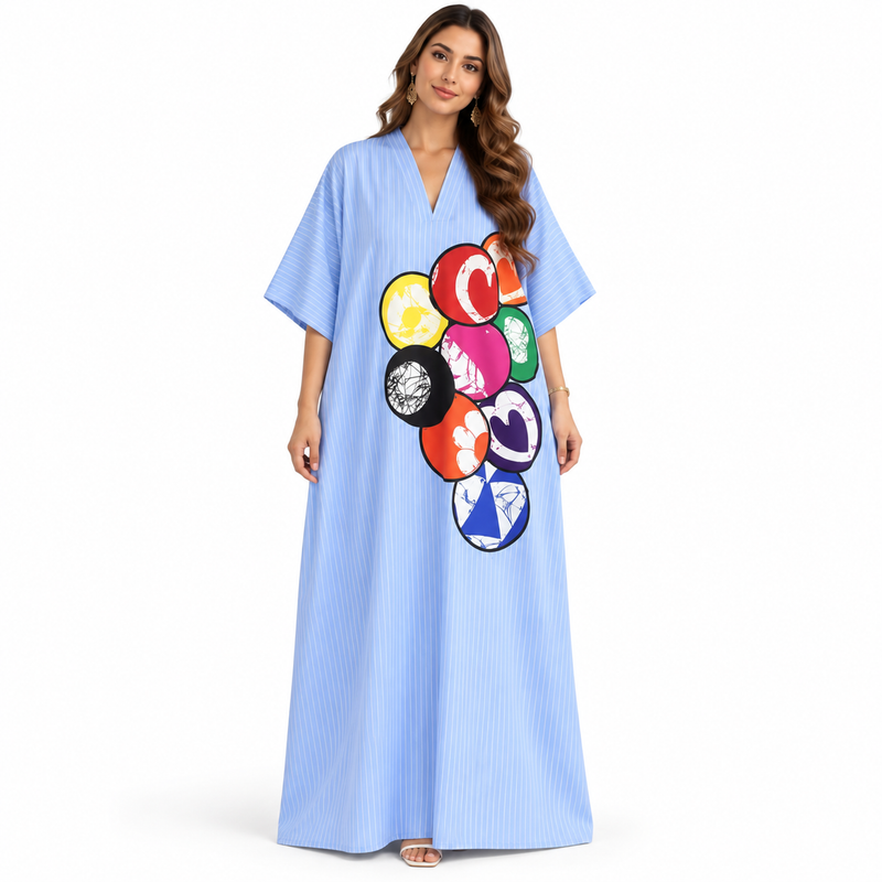 Blue Striped Colorful Graphic Maxi Kaftan-1