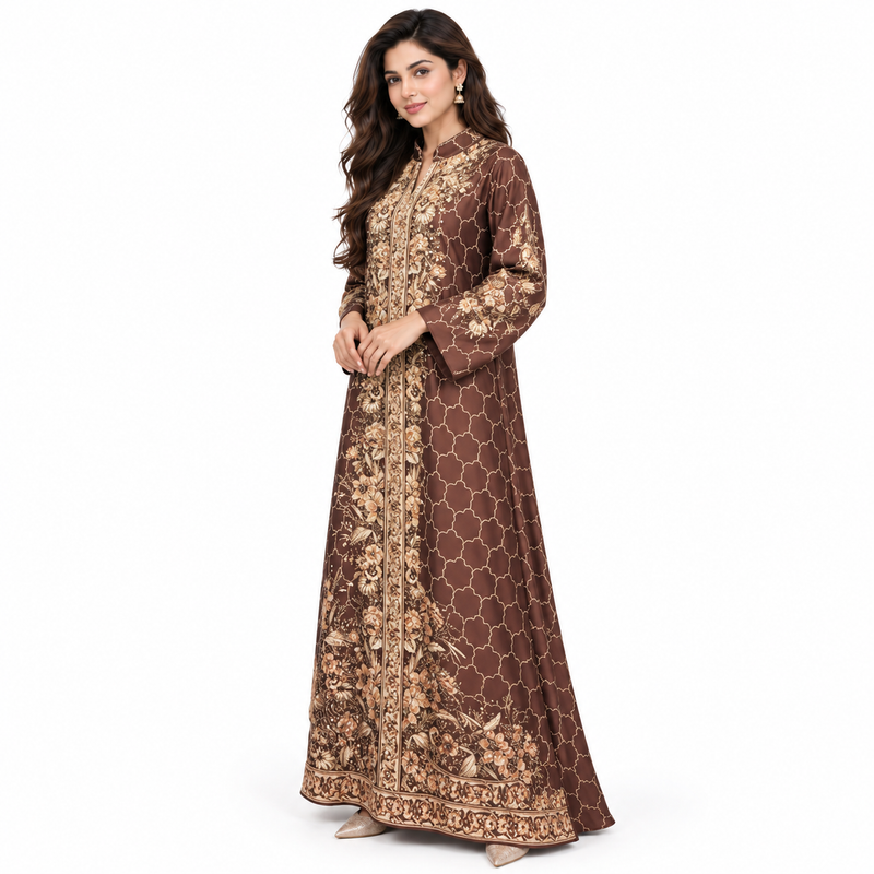 Elegant Pakistani Embroidered Brown Floral Kaftan-3