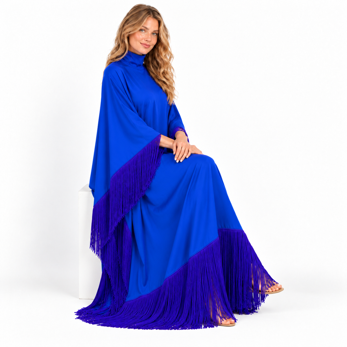 Royal Blue Elegant Fringe Detail Kaftan-2