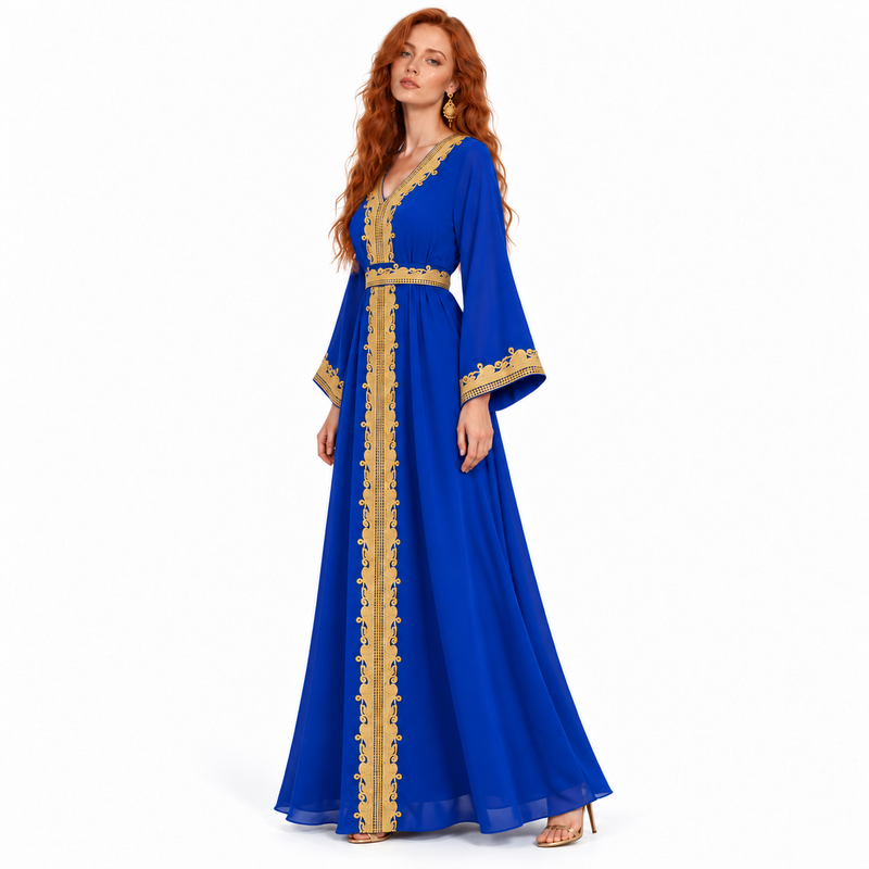 Elegant Blue Gold Embroidered Lebaran Kaftan-2
