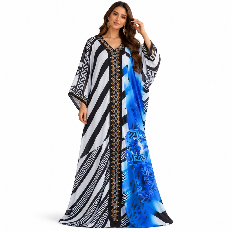 Navy Blue Geometric Floral Luxury Kaftan-1