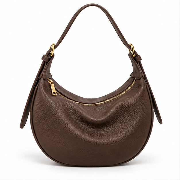 Coffee Brown Crescent Leather Shoulder Bag-4