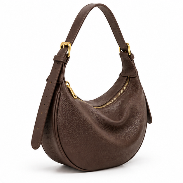 Coffee Brown Crescent Leather Shoulder Bag-1