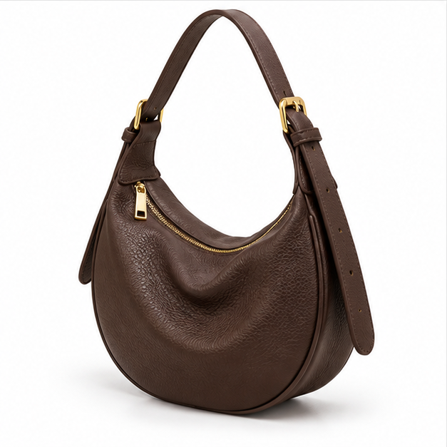 Coffee Brown Crescent Leather Shoulder Bag-3