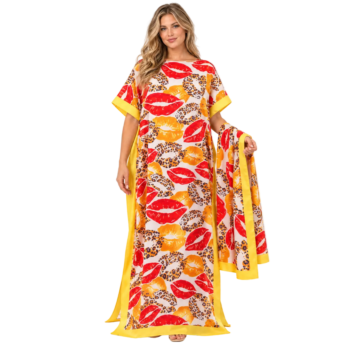 Yellow Leopard Print Silk Satin Kaftan-1