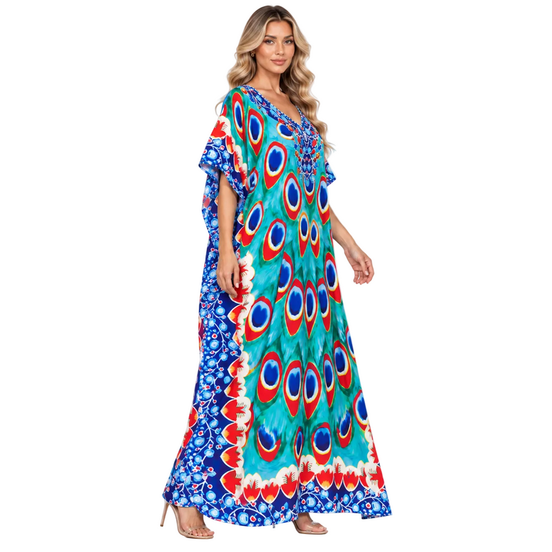 Turquoise Peacock Print Elegant Modern Kaftan-3