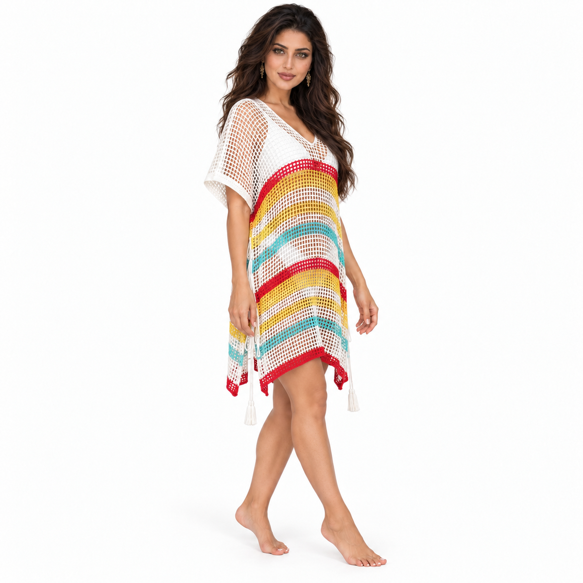 White Multicolor Crochet Stripe Beach Kaftan-2