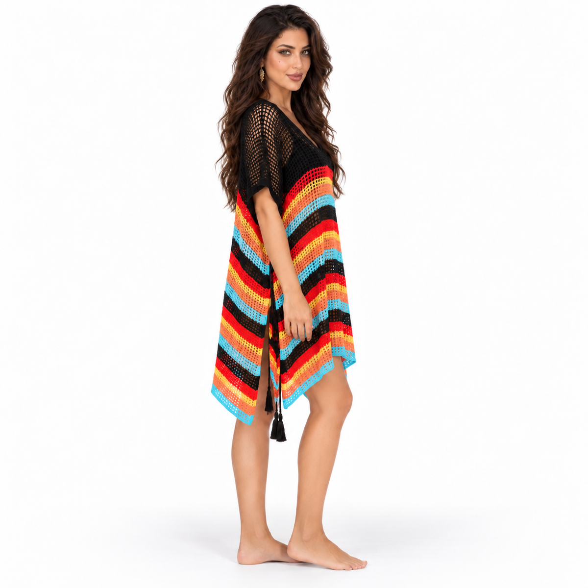 Black Multicolor Crochet Stripe Beach Kaftan-2