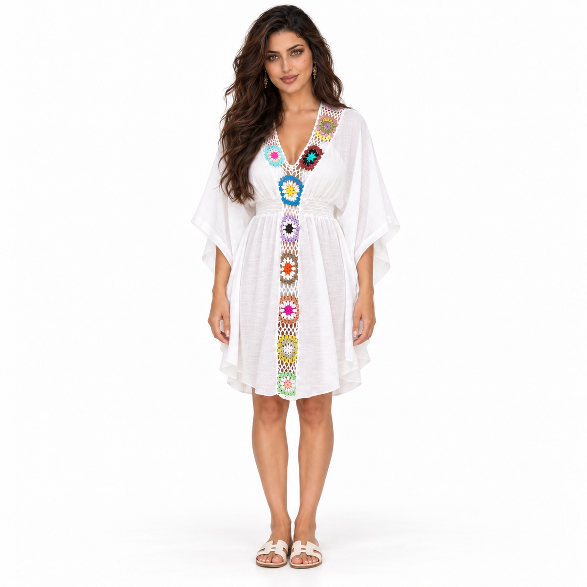 White Crochet Floral Trim Beach Kaftan-1